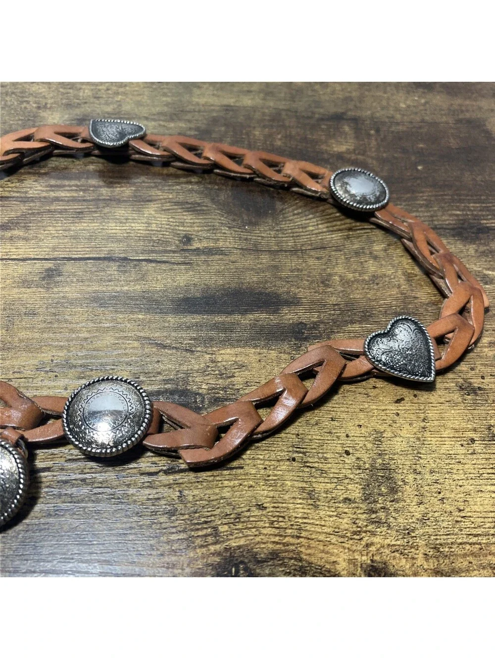 Southwestern Leather Braided Belt w/Silver Tone Conchos & Chain 36”